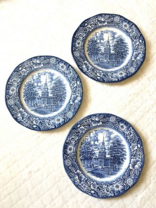 Liberty Blue Stafordshire Ironstone Independence Hall (3) 10” Dishes Plates