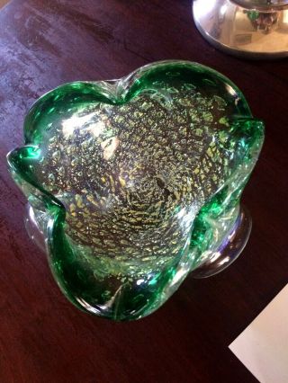 Vintage Murano Green Art Glass Sommerso Silver Gold Flake Seguso Bowl Floriform