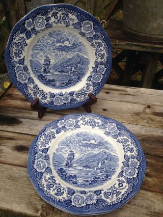 (2) Royal Warwick England Lochs Of Scotland Blue & White Dinner Plates