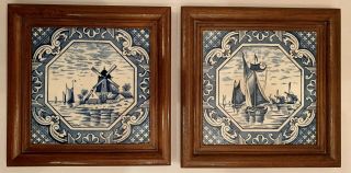 Pair Vtg Delft Blue Wood Framed Ceramic Tiles - Decorative Plaque Or Trivet 6 " Sq.