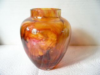 Amber Orange Flame Swirl Vase - Etched Langham England Glass - Retro 70s 80s