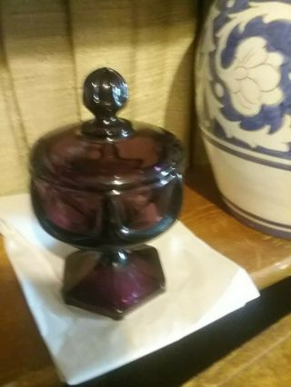 Vintage Purple Amethyst Pedestal Glass Bowl And Lid Candy Dish Serving Dish
