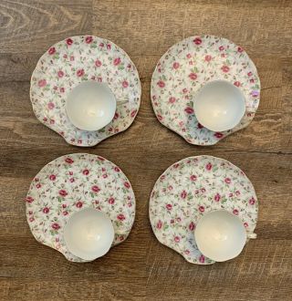Vintage Lefton China Rose Chintz Snack Plate And Cup Set Of Four