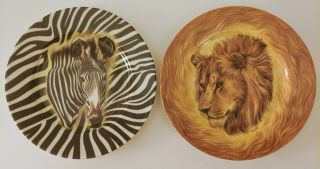 Two I.  Godinger Email De Limoges Lion And Zebra Wild Life 7.  5 " Salad Plates Exc