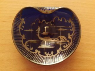 Vintage Art Glass Cobalt Blue Pin Dish With Silver Gilt Overlay Hand Painted