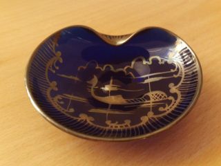 Vintage Art Glass Cobalt Blue Pin Dish with Silver Gilt Overlay Hand painted 2