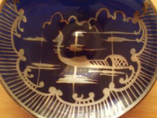 Vintage Art Glass Cobalt Blue Pin Dish with Silver Gilt Overlay Hand painted 3