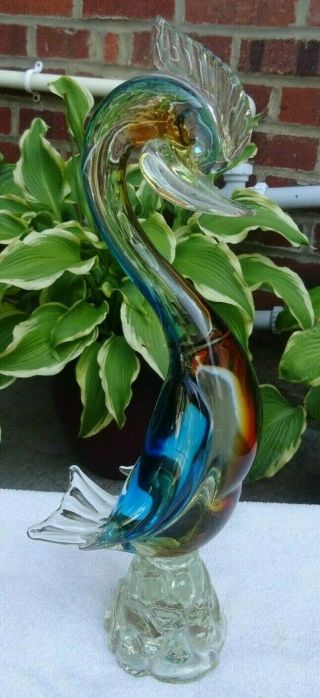 Vintage Murano Sommerso Large Glass Duck Bird Brown & Blue In Colours 12 1/2 Ins