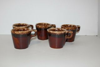 5 Vintage Mid Century Modern Hull Pottery Brown Drip Rim Coffee Mugs Cups