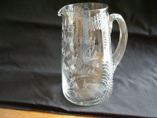 Antique Glass Water Jug - - - Etched Ferns & Commemorating Marriage January 14 1881