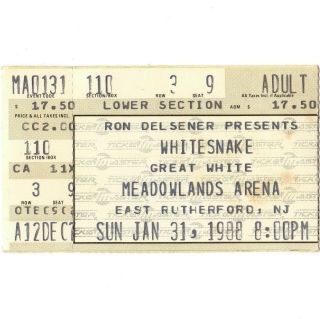 Whitesnake & Great White Concert Ticket Stub 1/31/88 East Rutherford Nj Rare