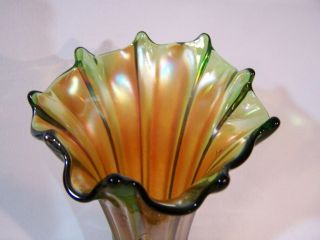 Vintage Northwood Ribbed Iridescent Carnival Glass Tall Vase Green 7 3/4 "