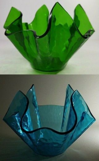 2 Vintage Retro Chance Aqualux Handkerchief Vases Green Blue Hammered 4 " & 5.  5 "
