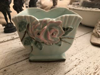 Vintage Mccoy Wild Rose Planter/vase Teal Green Pink Approx.  4 " X5 " X4 "