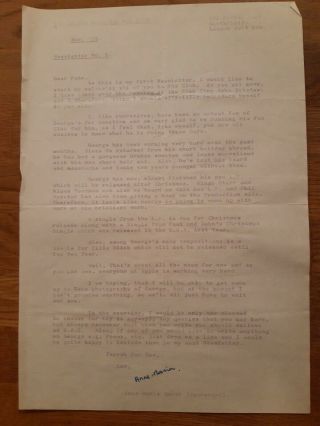 Beatles George Harrison Fan Club Letter No.  1 November 1972