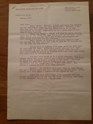 Beatles George Harrison Fan Club Letter No.  2 March 1973 Three Pages