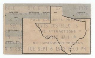 Rare Elvis Costello 9/6/83 Houston Music Hall Concert Ticket Stub