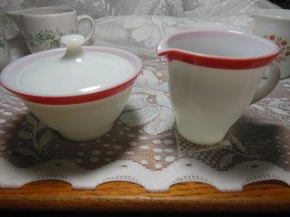 Vtg Pyrex Creamer And Sugar W Lid White Milk Glass With Rose Trim In Vgc