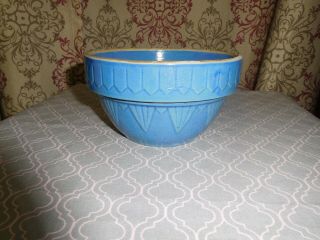 Antique Yellow Ware Bowl Pottery Crock Blue Small Ruckles? Picket Fence Design