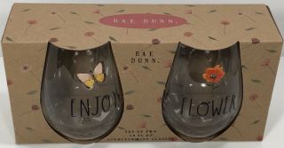 Rae Dunn Stemless 19 Fl Oz Wine Glasses Set Of 2 With Design_flower/enjoy