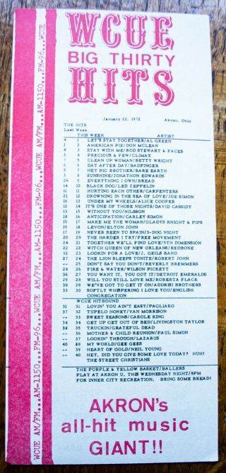 Wcue Ohio Radio Survey Music Chart January 22 1972 Al Green Don Mclean Climax