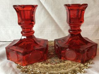 Vintage Fostoria Ruby Red Candle Holders,  Candlesticks
