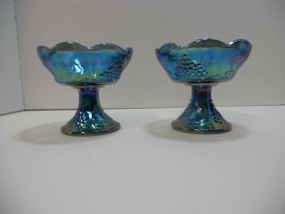 2 Vintage Indiana Blue Carnival Glass Candle Holders (pair) Harvest Grape 4 " X 4