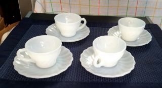 Vintage Fireking 8 Pc.  Set,  4 Mini Cups & Saucers,  White Swirl,  Childs Tea