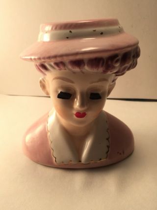 Vintage Napco Lady Head Vase Pink Dress & Hat 4 - 1/2”