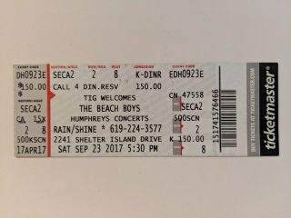 Beach Boys Full Concert Ticket San Diego Ca 9/23/2017