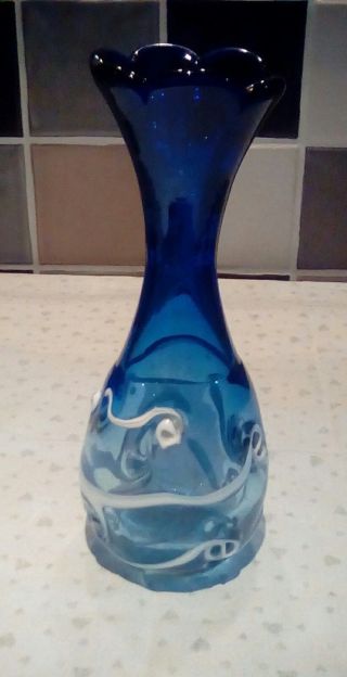 Hand Blown Art Glass Vase With White Glass Swirls Overlaid