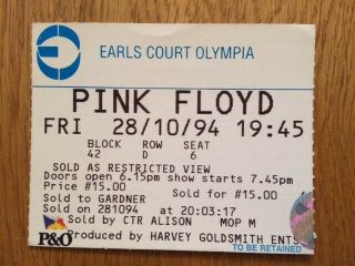 Pink Floyd Concert Ticket 1994 Earls Court London Pulse Tour