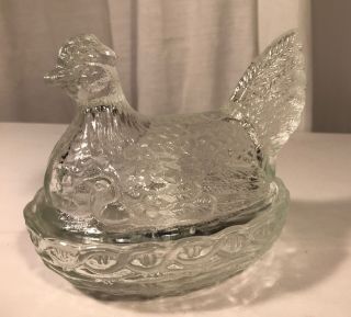 Vintage Hen On Nest W/ Chick Clear Glass Covered Candy Dish L.  E.  Smith