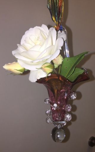 Mid Century Epergne Murano Glass Vaseline Flower Horn Cranberry Basket