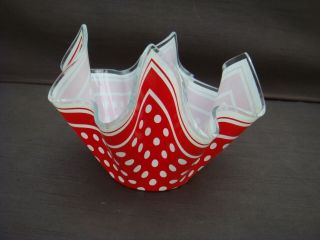 Vintage Chance Glass Handkerchief Vase Bowl Red Polk Dot Spots