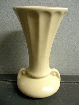 Vintage Mccoy Art Deco Pottery Vase Matte White Sceolled Side Handles & Panels