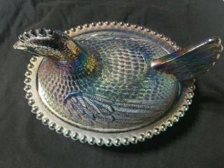 Iridescent Blue Glass Chicken Hen On Basket Vintage Candy Dish