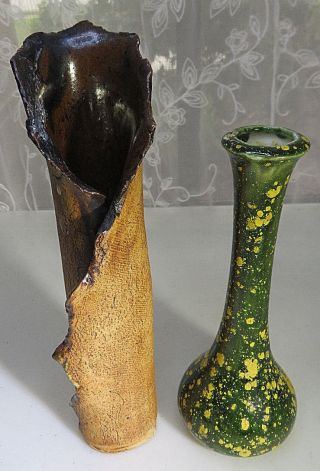 2 Vintage Small Pottery Ceramic Vases 6  & 8