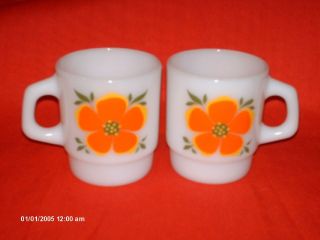 Vintage Fire King Coffee Cups Mugs D - Handle Orange Floral Stacking Mugs Set Of 2