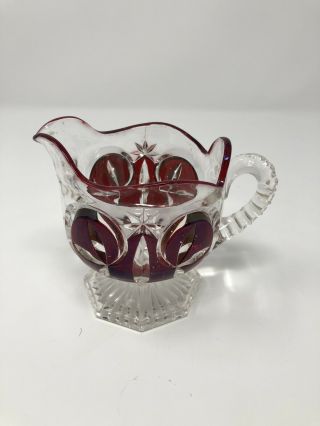 Vintage Eapg Ruby Etched Creamer Swirled Handle Pitcher Footed Glassware