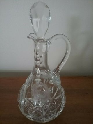 Antique Oil Or Vinegar Cruet W/stopper Floral Etched Glass Collectible 7 "