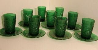 (9) Vtg Anchor Hocking Forest Green Sandwich Glass Juice Tumblers W/ Saucers