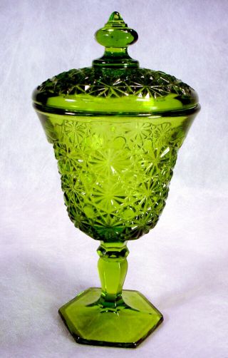Vintage Green Glass Daisy & Button Covered Candy Dish Wine Goblet Stem L E Smith