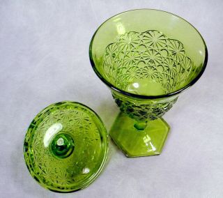 Vintage GREEN Glass DAISY & BUTTON Covered CANDY DISH Wine GOBLET Stem L E Smith 2