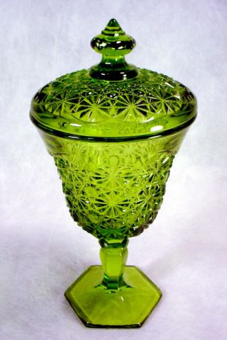Vintage GREEN Glass DAISY & BUTTON Covered CANDY DISH Wine GOBLET Stem L E Smith 3