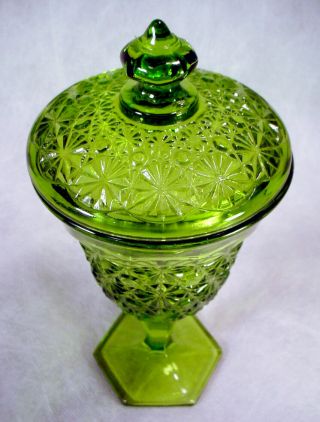 Vintage GREEN Glass DAISY & BUTTON Covered CANDY DISH Wine GOBLET Stem L E Smith 4