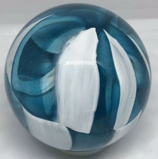 Vintage Round Glass Aqua Blue And White Swirl Paperweight 2 Inches