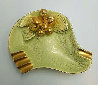 Vintage Vee Jackson Green Ceramic Ashtray With Gold Fruit And Speckles
