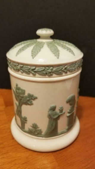 Vintage Olympus Jar With Lid Celadon On Cream Color Jasperware - Rare