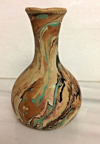 Vintage Nemadji Art Pottery 6 " X5 " Vase Cache Pot Marbled Tan Green